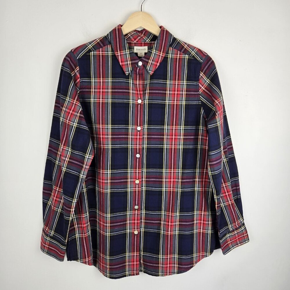 Foxcroft Button Up Shirt Womens Size 8 Red Blue‎ Tartan Plaid Office Academia